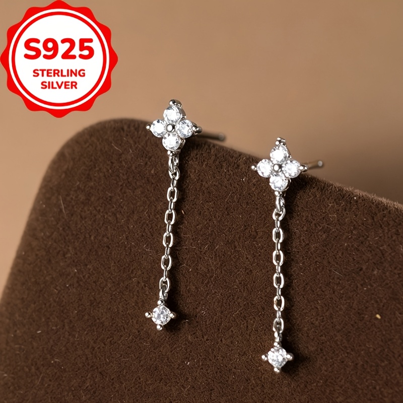 Women's S925 Silver Four-Leaf Clover Tassel Stud Earrings
